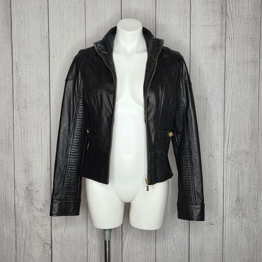 Marciano Black Leather Moto Jacket Gold Hardware Leopard Lining, sz Large - Picture 3 of 9